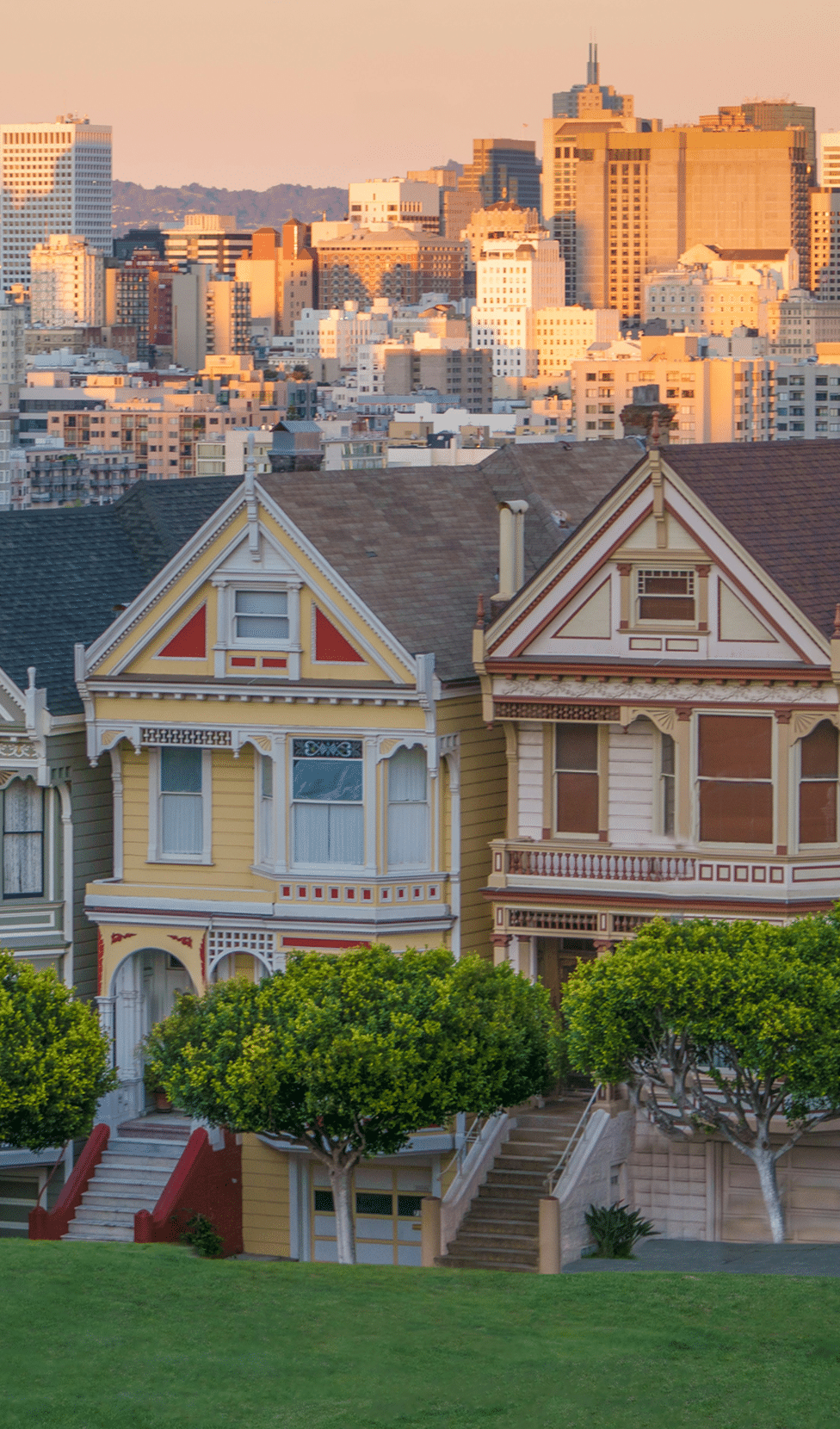 Colorful houses with city skyline backdrop